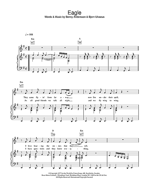 Preview ABBA Eagle Pop sheet music, notes and chords for Piano, Vocal & Guitar (Right-Hand Melody), SKU: 19229 sheet music, piano notes, chords, guitar tabs, score, transpose, transcribe, how to play, guide, download, learn, tutorial, progression, song, artist, awards, billboard, mtv, vh1, tour, single, album, release