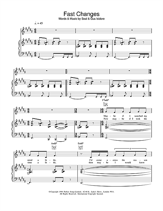 Preview Seal Fast Changes Pop sheet music, notes and chords for Piano, Vocal & Guitar, SKU: 19230 sheet music, piano notes, chords, guitar tabs, score, transpose, transcribe, how to play, guide, download, learn, tutorial, progression, song, artist, awards, billboard, mtv, vh1, tour, single, album, release