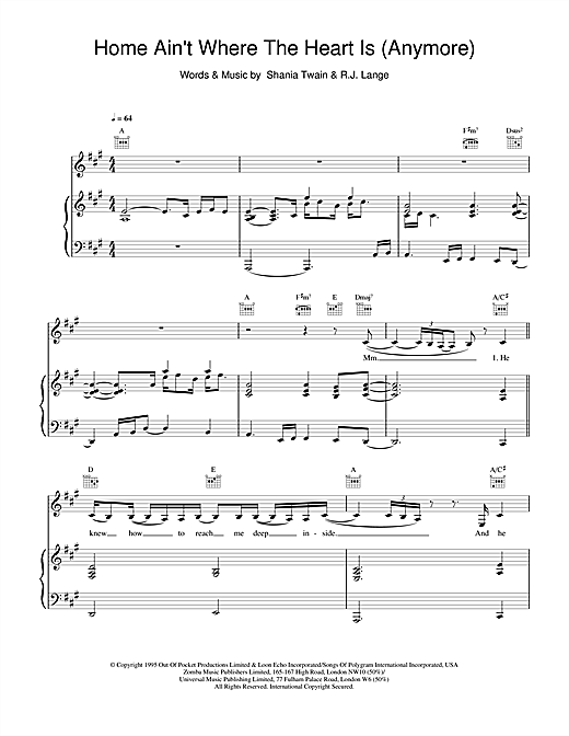 Preview Shania Twain Home Ain't Where His Heart Is (Anymore) Pop sheet music, notes and chords for Piano, Vocal & Guitar, SKU: 19231 sheet music, piano notes, chords, guitar tabs, score, transpose, transcribe, how to play, guide, download, learn, tutorial, progression, song, artist, awards, billboard, mtv, vh1, tour, single, album, release