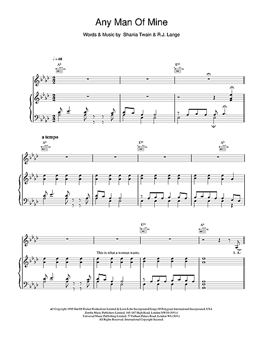 Preview Shania Twain Any Man Of Mine Pop sheet music, notes and chords for Piano, Vocal & Guitar, SKU: 19235 sheet music, piano notes, chords, guitar tabs, score, transpose, transcribe, how to play, guide, download, learn, tutorial, progression, song, artist, awards, billboard, mtv, vh1, tour, single, album, release