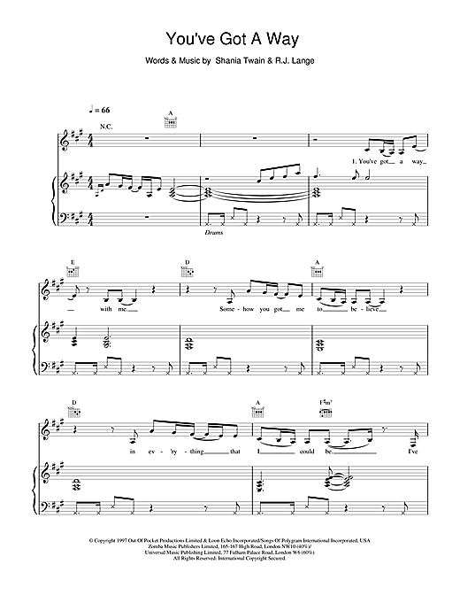 Preview Shania Twain You've Got A Way Pop sheet music, notes and chords for Piano, Vocal & Guitar, SKU: 19236 sheet music, piano notes, chords, guitar tabs, score, transpose, transcribe, how to play, guide, download, learn, tutorial, progression, song, artist, awards, billboard, mtv, vh1, tour, single, album, release