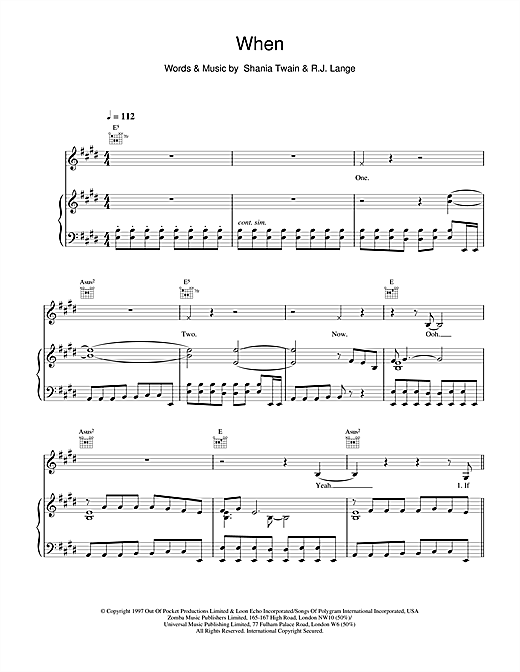 Preview Shania Twain When Pop sheet music, notes and chords for Piano, Vocal & Guitar, SKU: 19237 sheet music, piano notes, chords, guitar tabs, score, transpose, transcribe, how to play, guide, download, learn, tutorial, progression, song, artist, awards, billboard, mtv, vh1, tour, single, album, release
