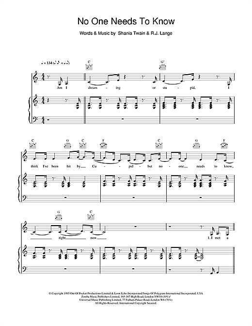 Preview Shania Twain No One Needs To Know Pop sheet music, notes and chords for Piano, Vocal & Guitar, SKU: 19239 sheet music, piano notes, chords, guitar tabs, score, transpose, transcribe, how to play, guide, download, learn, tutorial, progression, song, artist, awards, billboard, mtv, vh1, tour, single, album, release