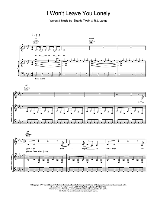 Preview Shania Twain I Won't Leave You Lonely Pop sheet music, notes and chords for Piano, Vocal & Guitar, SKU: 19240 sheet music, piano notes, chords, guitar tabs, score, transpose, transcribe, how to play, guide, download, learn, tutorial, progression, song, artist, awards, billboard, mtv, vh1, tour, single, album, release