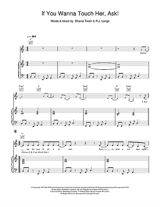 Preview Shania Twain If You Wanna Touch Her, Ask! Pop sheet music, notes and chords for Piano, Vocal & Guitar, SKU: 19241 sheet music, piano notes, chords, guitar tabs, score, transpose, transcribe, how to play, guide, download, learn, tutorial, progression, song, artist, awards, billboard, mtv, vh1, tour, single, album, release