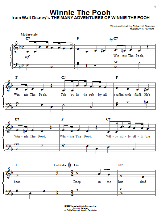 Preview Sherman Brothers Winnie The Pooh Children sheet music, notes and chords for Easy Piano, SKU: 19243 sheet music, piano notes, chords, guitar tabs, score, transpose, transcribe, how to play, guide, download, learn, tutorial, progression, song, artist, awards, billboard, mtv, vh1, tour, single, album, release