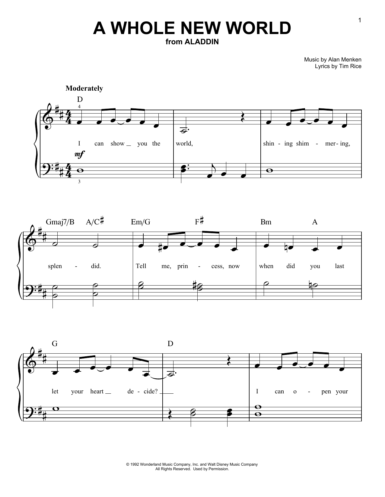 Preview Alan Menken A Whole New World (from Aladdin) Film and TV sheet music, notes and chords for Easy Piano, SKU: 19244 sheet music, piano notes, chords, guitar tabs, score, transpose, transcribe, how to play, guide, download, learn, tutorial, progression, song, artist, awards, billboard, mtv, vh1, tour, single, album, release