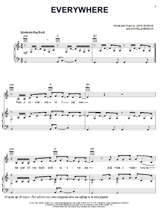 Preview Michelle Branch Everywhere Pop sheet music, notes and chords for Piano, Vocal & Guitar (Right-Hand Melody), SKU: 19250 sheet music, piano notes, chords, guitar tabs, score, transpose, transcribe, how to play, guide, download, learn, tutorial, progression, song, artist, awards, billboard, mtv, vh1, tour, single, album, release