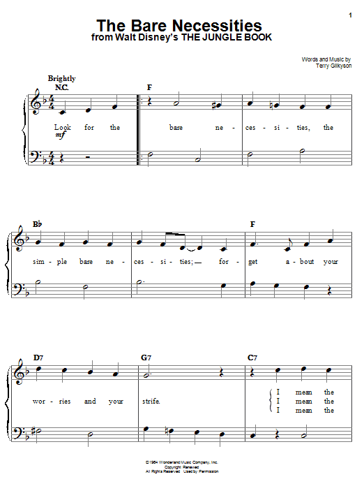 Preview Terry Gilkyson The Bare Necessities (from Disney's The Jungle Book) Children sheet music, notes and chords for Easy Piano, SKU: 19254 sheet music, piano notes, chords, guitar tabs, score, transpose, transcribe, how to play, guide, download, learn, tutorial, progression, song, artist, awards, billboard, mtv, vh1, tour, single, album, release