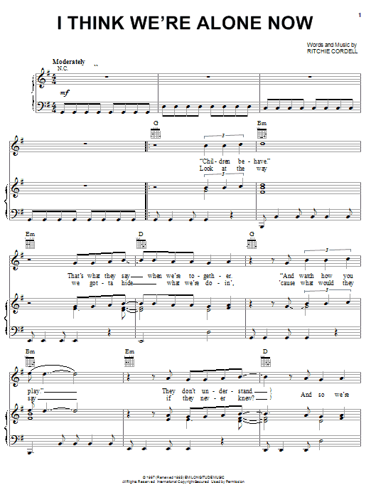 Preview Ritchie Cordell I Think We're Alone Now Rock sheet music, notes and chords for Piano, Vocal & Guitar (Right-Hand Melody), SKU: 19257 sheet music, piano notes, chords, guitar tabs, score, transpose, transcribe, how to play, guide, download, learn, tutorial, progression, song, artist, awards, billboard, mtv, vh1, tour, single, album, release