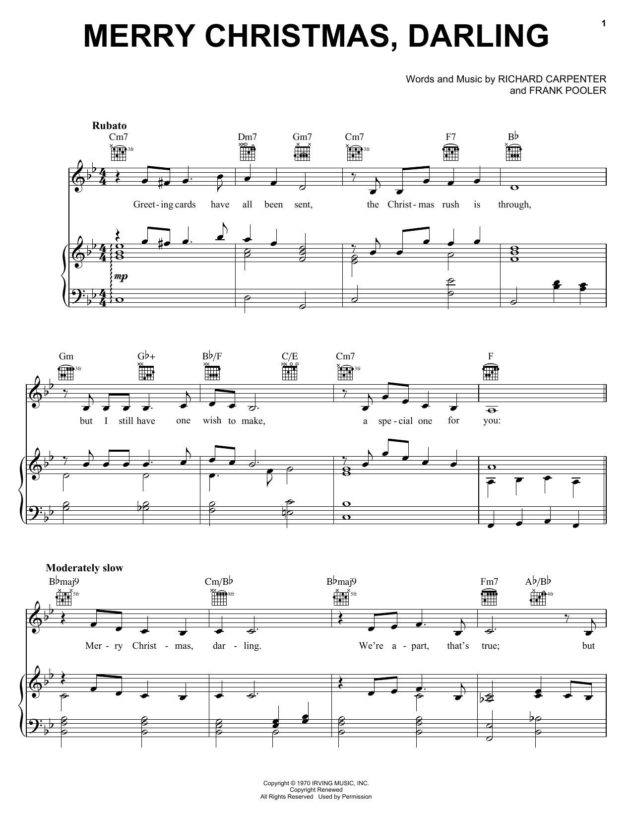 Preview Carpenters Merry Christmas, Darling Ballad sheet music, notes and chords for Piano, Vocal & Guitar (Right-Hand Melody), SKU: 19258 sheet music, piano notes, chords, guitar tabs, score, transpose, transcribe, how to play, guide, download, learn, tutorial, progression, song, artist, awards, billboard, mtv, vh1, tour, single, album, release