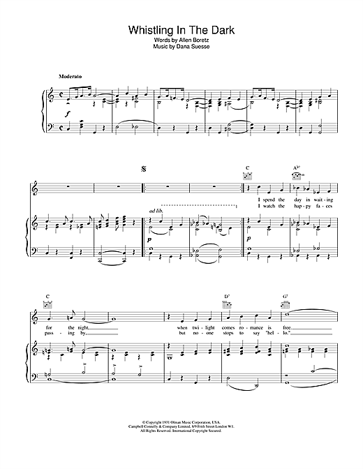 Preview Dana Suesse Whistling In The Dark Classics sheet music, notes and chords for Piano, Vocal & Guitar (Right-Hand Melody), SKU: 19260 sheet music, piano notes, chords, guitar tabs, score, transpose, transcribe, how to play, guide, download, learn, tutorial, progression, song, artist, awards, billboard, mtv, vh1, tour, single, album, release