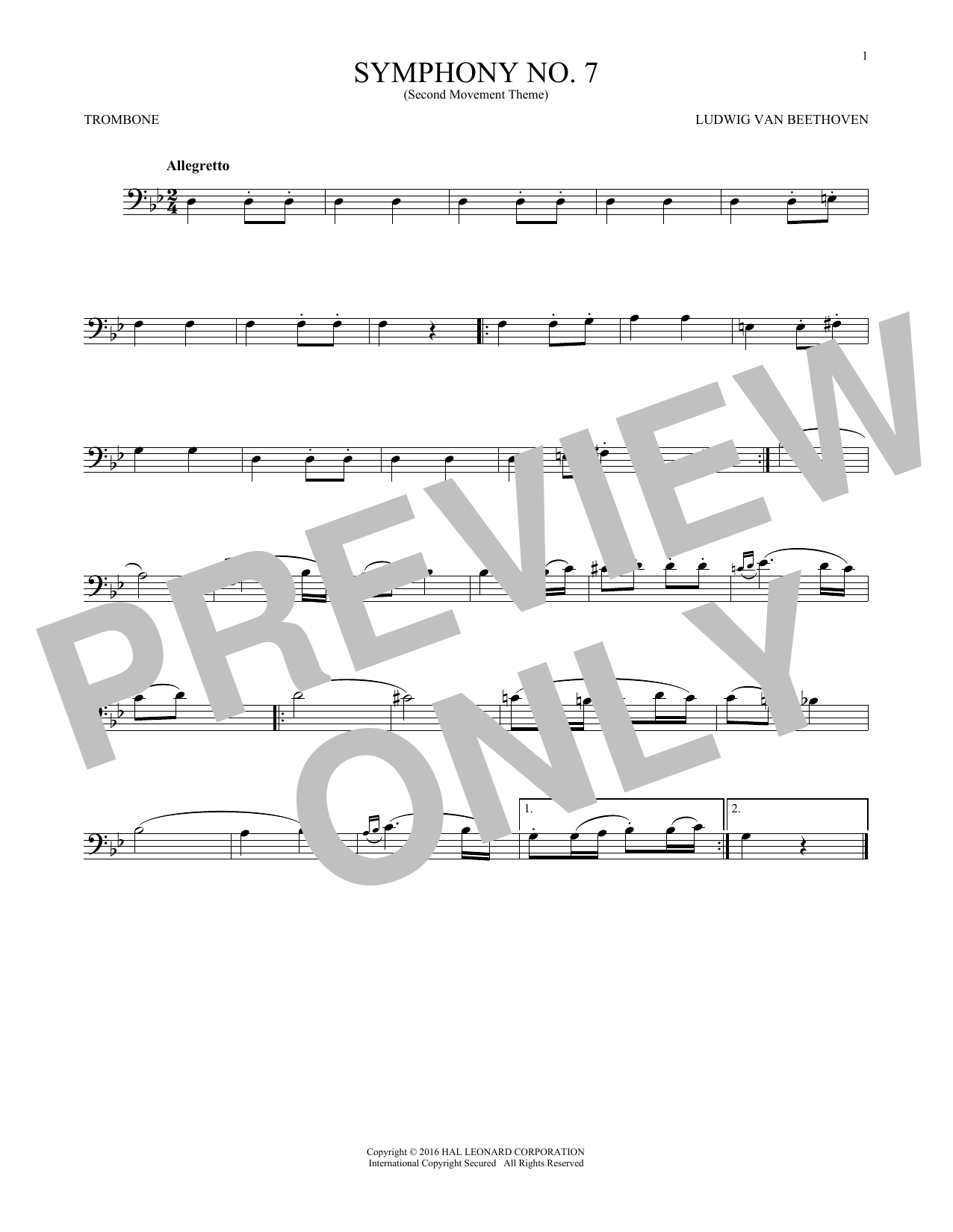 Preview Ludwig van Beethoven Symphony No. 7 In A Major, Second Movement (Allegretto) Classical sheet music, notes and chords for Trombone, SKU: 192612 sheet music, piano notes, chords, guitar tabs, score, transpose, transcribe, how to play, guide, download, learn, tutorial, progression, song, artist, awards, billboard, mtv, vh1, tour, single, album, release
