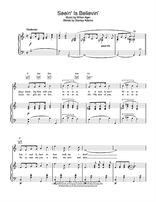 Preview Lew Stone Seein' Is Believin' Easy Listening sheet music, notes and chords for Piano, Vocal & Guitar (Right-Hand Melody), SKU: 19262 sheet music, piano notes, chords, guitar tabs, score, transpose, transcribe, how to play, guide, download, learn, tutorial, progression, song, artist, awards, billboard, mtv, vh1, tour, single, album, release