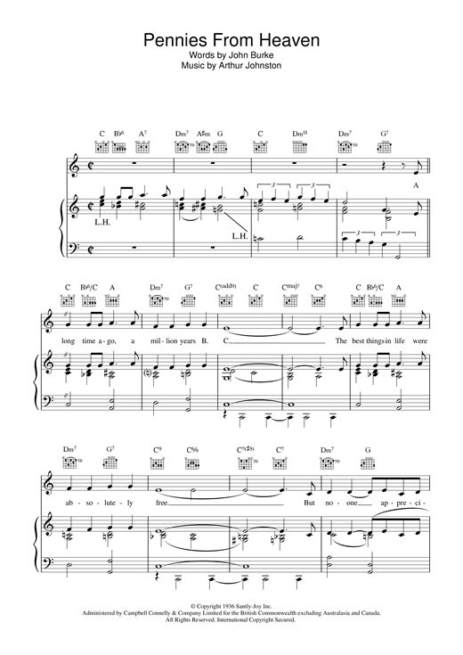 Preview Bing Crosby Pennies From Heaven Jazz sheet music, notes and chords for Piano, Vocal & Guitar (Right-Hand Melody), SKU: 19263 sheet music, piano notes, chords, guitar tabs, score, transpose, transcribe, how to play, guide, download, learn, tutorial, progression, song, artist, awards, billboard, mtv, vh1, tour, single, album, release