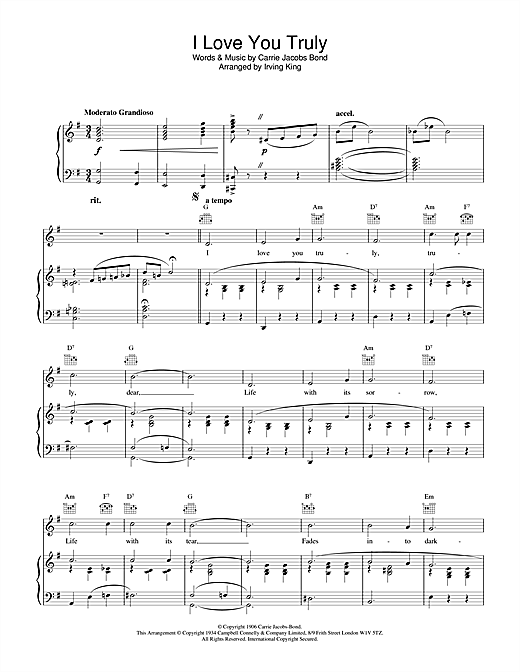Preview Bond & Irving I Love You Truly Pop sheet music, notes and chords for Piano, Vocal & Guitar (Right-Hand Melody), SKU: 19267 sheet music, piano notes, chords, guitar tabs, score, transpose, transcribe, how to play, guide, download, learn, tutorial, progression, song, artist, awards, billboard, mtv, vh1, tour, single, album, release