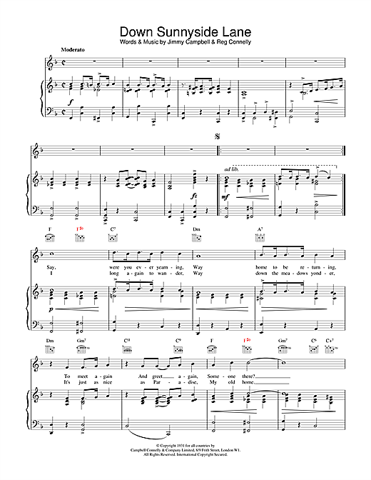 Preview Jimmy Campbell and Reg Connelly Down Sunnyside Lane Classics sheet music, notes and chords for Piano, Vocal & Guitar (Right-Hand Melody), SKU: 19270 sheet music, piano notes, chords, guitar tabs, score, transpose, transcribe, how to play, guide, download, learn, tutorial, progression, song, artist, awards, billboard, mtv, vh1, tour, single, album, release