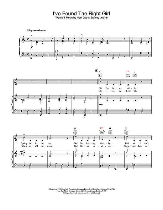 Preview Noel Gay & Stanley Lupino I've Found The Right Girl Classics sheet music, notes and chords for Piano, Vocal & Guitar (Right-Hand Melody), SKU: 19271 sheet music, piano notes, chords, guitar tabs, score, transpose, transcribe, how to play, guide, download, learn, tutorial, progression, song, artist, awards, billboard, mtv, vh1, tour, single, album, release