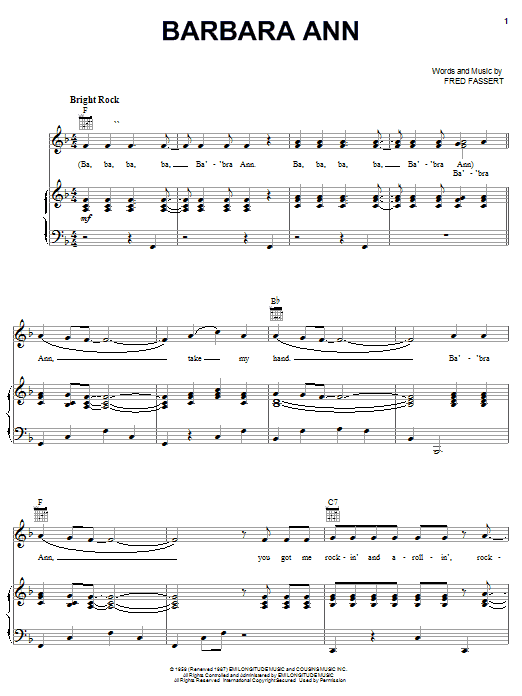 Preview The Beach Boys Barbara Ann Rock sheet music, notes and chords for Piano, Vocal & Guitar (Right-Hand Melody), SKU: 19279 sheet music, piano notes, chords, guitar tabs, score, transpose, transcribe, how to play, guide, download, learn, tutorial, progression, song, artist, awards, billboard, mtv, vh1, tour, single, album, release