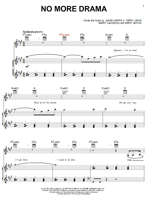 Preview Mary J. Blige No More Drama Pop sheet music, notes and chords for Piano, Vocal & Guitar (Right-Hand Melody), SKU: 19283 sheet music, piano notes, chords, guitar tabs, score, transpose, transcribe, how to play, guide, download, learn, tutorial, progression, song, artist, awards, billboard, mtv, vh1, tour, single, album, release
