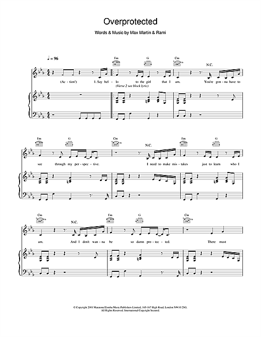 Preview Britney Spears Overprotected Pop sheet music, notes and chords for Piano, Vocal & Guitar, SKU: 19287 sheet music, piano notes, chords, guitar tabs, score, transpose, transcribe, how to play, guide, download, learn, tutorial, progression, song, artist, awards, billboard, mtv, vh1, tour, single, album, release