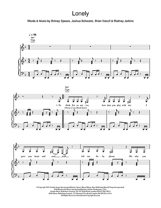 Preview Britney Spears Lonely Pop sheet music, notes and chords for Piano, Vocal & Guitar, SKU: 19288 sheet music, piano notes, chords, guitar tabs, score, transpose, transcribe, how to play, guide, download, learn, tutorial, progression, song, artist, awards, billboard, mtv, vh1, tour, single, album, release