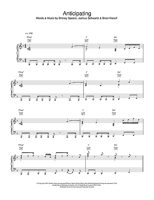 Preview Britney Spears Anticipating Pop sheet music, notes and chords for Piano, Vocal & Guitar, SKU: 19290 sheet music, piano notes, chords, guitar tabs, score, transpose, transcribe, how to play, guide, download, learn, tutorial, progression, song, artist, awards, billboard, mtv, vh1, tour, single, album, release