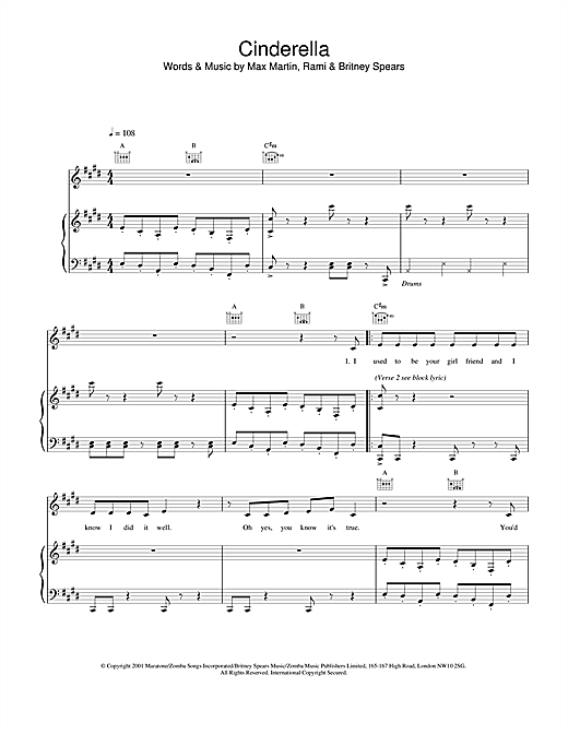 Preview Britney Spears Cinderella Pop sheet music, notes and chords for Piano, Vocal & Guitar, SKU: 19292 sheet music, piano notes, chords, guitar tabs, score, transpose, transcribe, how to play, guide, download, learn, tutorial, progression, song, artist, awards, billboard, mtv, vh1, tour, single, album, release