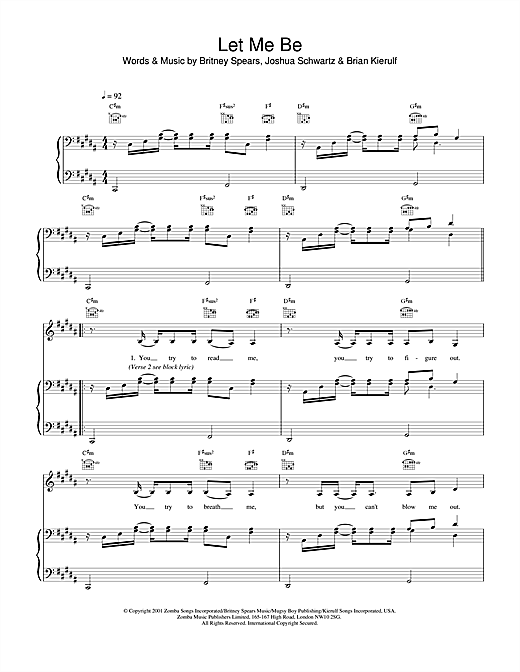 Preview Britney Spears Let Me Be Pop sheet music, notes and chords for Piano, Vocal & Guitar, SKU: 19293 sheet music, piano notes, chords, guitar tabs, score, transpose, transcribe, how to play, guide, download, learn, tutorial, progression, song, artist, awards, billboard, mtv, vh1, tour, single, album, release