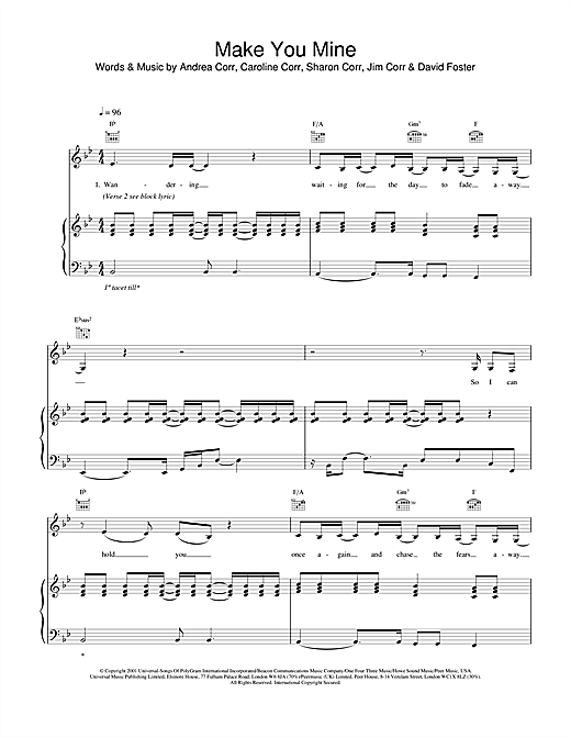 Preview The Corrs Make You Mine Folk sheet music, notes and chords for Piano, Vocal & Guitar, SKU: 19299 sheet music, piano notes, chords, guitar tabs, score, transpose, transcribe, how to play, guide, download, learn, tutorial, progression, song, artist, awards, billboard, mtv, vh1, tour, single, album, release