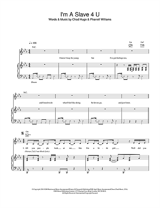 Preview Britney Spears I'm A Slave 4 U Pop sheet music, notes and chords for Piano, Vocal & Guitar, SKU: 19300 sheet music, piano notes, chords, guitar tabs, score, transpose, transcribe, how to play, guide, download, learn, tutorial, progression, song, artist, awards, billboard, mtv, vh1, tour, single, album, release