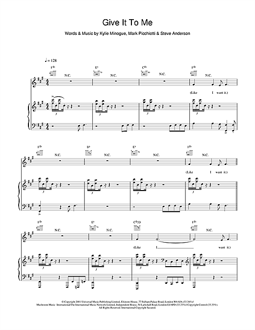 Preview Kylie Minogue Give It To Me Pop sheet music, notes and chords for Piano, Vocal & Guitar, SKU: 19305 sheet music, piano notes, chords, guitar tabs, score, transpose, transcribe, how to play, guide, download, learn, tutorial, progression, song, artist, awards, billboard, mtv, vh1, tour, single, album, release