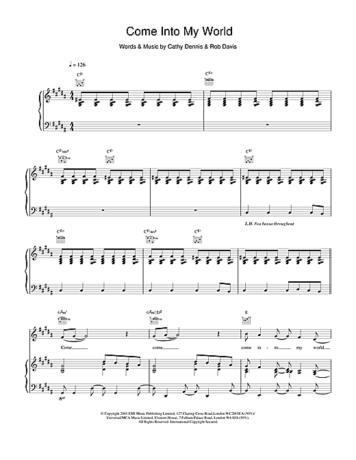 Preview Kylie Minogue Come Into My World Pop sheet music, notes and chords for Piano, Vocal & Guitar, SKU: 19307 sheet music, piano notes, chords, guitar tabs, score, transpose, transcribe, how to play, guide, download, learn, tutorial, progression, song, artist, awards, billboard, mtv, vh1, tour, single, album, release