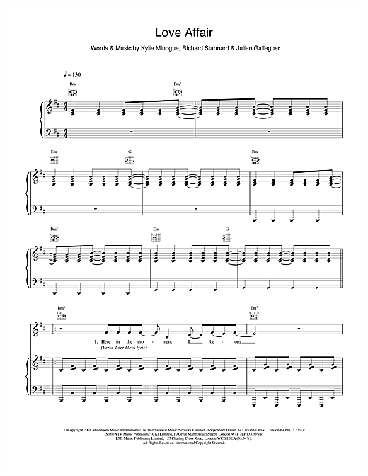 Preview Kylie Minogue Love Affair Pop sheet music, notes and chords for Piano, Vocal & Guitar, SKU: 19310 sheet music, piano notes, chords, guitar tabs, score, transpose, transcribe, how to play, guide, download, learn, tutorial, progression, song, artist, awards, billboard, mtv, vh1, tour, single, album, release