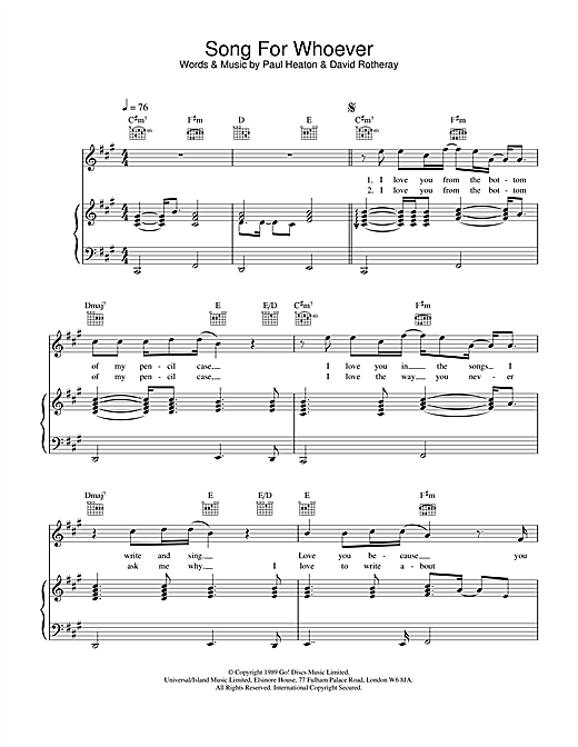 Preview The Beautiful South Song For Whoever Pop sheet music, notes and chords for Piano, Vocal & Guitar, SKU: 19312 sheet music, piano notes, chords, guitar tabs, score, transpose, transcribe, how to play, guide, download, learn, tutorial, progression, song, artist, awards, billboard, mtv, vh1, tour, single, album, release