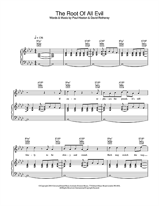 Preview The Beautiful South The Root Of All Evil Pop sheet music, notes and chords for Piano, Vocal & Guitar, SKU: 19314 sheet music, piano notes, chords, guitar tabs, score, transpose, transcribe, how to play, guide, download, learn, tutorial, progression, song, artist, awards, billboard, mtv, vh1, tour, single, album, release