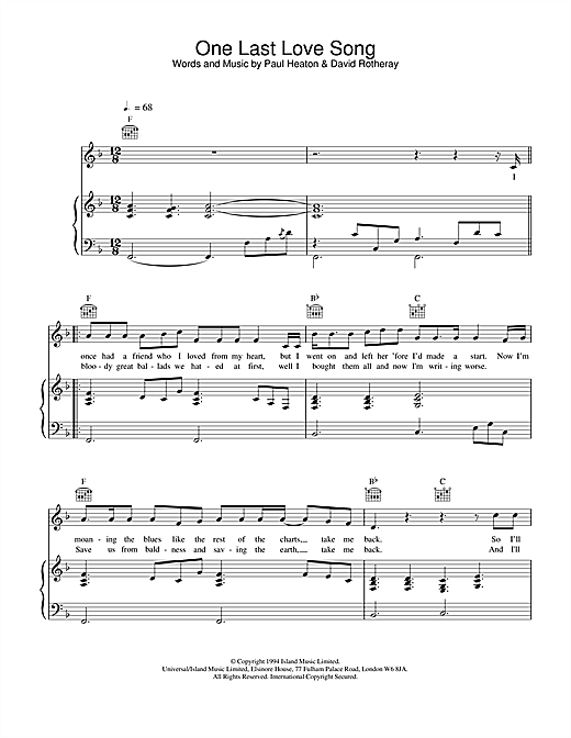Preview The Beautiful South One Last Love Song Pop sheet music, notes and chords for Piano, Vocal & Guitar, SKU: 19315 sheet music, piano notes, chords, guitar tabs, score, transpose, transcribe, how to play, guide, download, learn, tutorial, progression, song, artist, awards, billboard, mtv, vh1, tour, single, album, release