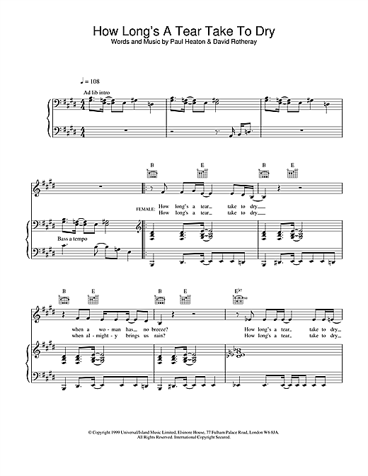Preview The Beautiful South How Long's A Tear Take To Dry? Pop sheet music, notes and chords for Piano, Vocal & Guitar, SKU: 19316 sheet music, piano notes, chords, guitar tabs, score, transpose, transcribe, how to play, guide, download, learn, tutorial, progression, song, artist, awards, billboard, mtv, vh1, tour, single, album, release