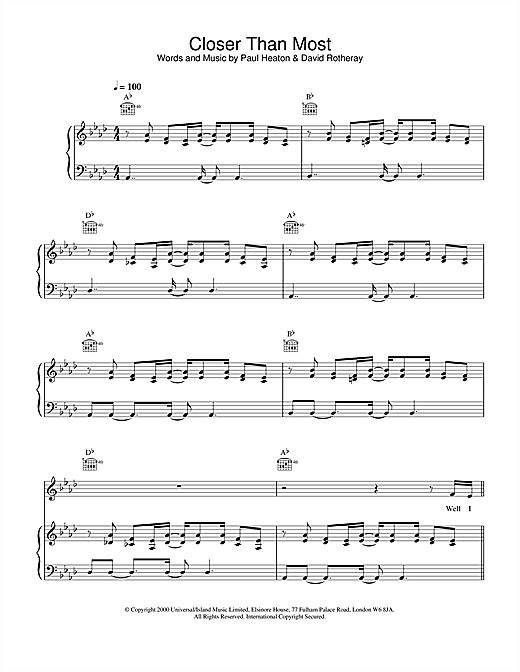 Preview The Beautiful South Closer Than Most Pop sheet music, notes and chords for Piano, Vocal & Guitar, SKU: 19317 sheet music, piano notes, chords, guitar tabs, score, transpose, transcribe, how to play, guide, download, learn, tutorial, progression, song, artist, awards, billboard, mtv, vh1, tour, single, album, release