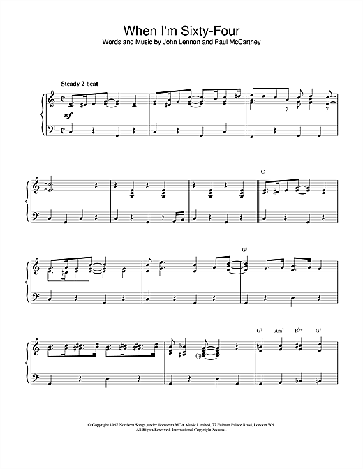 Preview The Beatles When I'm Sixty-Four Rock sheet music, notes and chords for Piano, SKU: 19330 sheet music, piano notes, chords, guitar tabs, score, transpose, transcribe, how to play, guide, download, learn, tutorial, progression, song, artist, awards, billboard, mtv, vh1, tour, single, album, release