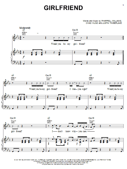 Preview 'N Sync Girlfriend Pop sheet music, notes and chords for Piano, Vocal & Guitar (Right-Hand Melody), SKU: 19335 sheet music, piano notes, chords, guitar tabs, score, transpose, transcribe, how to play, guide, download, learn, tutorial, progression, song, artist, awards, billboard, mtv, vh1, tour, single, album, release
