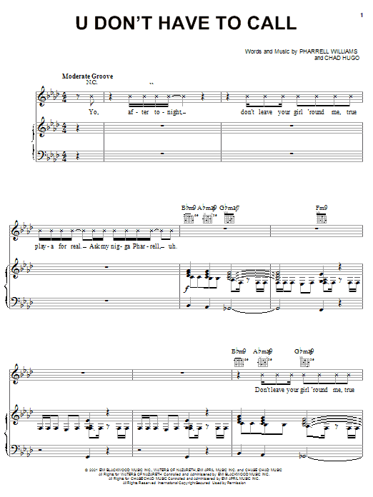 Preview Usher U Don't Have To Call R & B sheet music, notes and chords for Piano, Vocal & Guitar (Right-Hand Melody), SKU: 19336 sheet music, piano notes, chords, guitar tabs, score, transpose, transcribe, how to play, guide, download, learn, tutorial, progression, song, artist, awards, billboard, mtv, vh1, tour, single, album, release