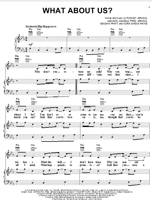 Preview Brandy What About Us? R & B sheet music, notes and chords for Piano, Vocal & Guitar (Right-Hand Melody), SKU: 19340 sheet music, piano notes, chords, guitar tabs, score, transpose, transcribe, how to play, guide, download, learn, tutorial, progression, song, artist, awards, billboard, mtv, vh1, tour, single, album, release