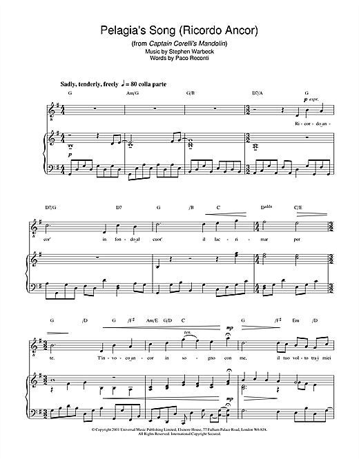 Preview Stephen Warbeck Pelagia's Song (Ricordo Ancor) (from Captain Corelli's Mandolin) Classical sheet music, notes and chords for Piano, Vocal & Guitar, SKU: 19343 sheet music, piano notes, chords, guitar tabs, score, transpose, transcribe, how to play, guide, download, learn, tutorial, progression, song, artist, awards, billboard, mtv, vh1, tour, single, album, release
