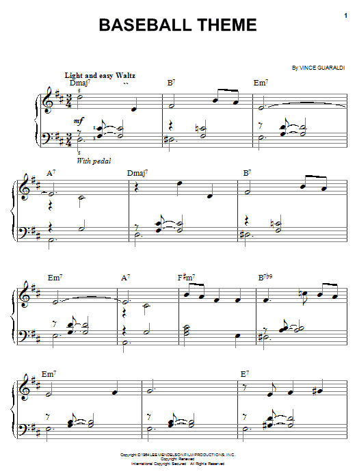 Preview Vince Guaraldi Baseball Theme (from A Boy Named Charlie Brown) Children sheet music, notes and chords for Easy Piano, SKU: 19346 sheet music, piano notes, chords, guitar tabs, score, transpose, transcribe, how to play, guide, download, learn, tutorial, progression, song, artist, awards, billboard, mtv, vh1, tour, single, album, release