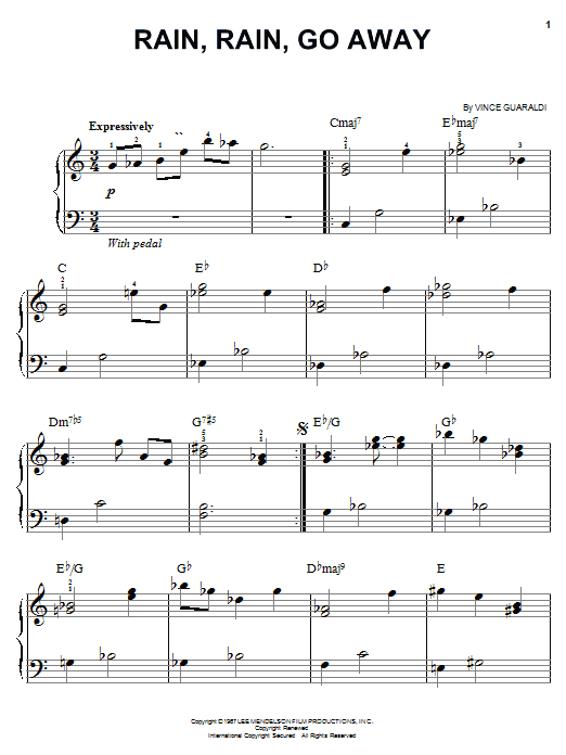Preview Vince Guaraldi Rain, Rain, Go Away Film and TV sheet music, notes and chords for Easy Piano, SKU: 19349 sheet music, piano notes, chords, guitar tabs, score, transpose, transcribe, how to play, guide, download, learn, tutorial, progression, song, artist, awards, billboard, mtv, vh1, tour, single, album, release