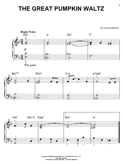 Preview Vince Guaraldi The Great Pumpkin Waltz Children sheet music, notes and chords for Easy Piano, SKU: 19350 sheet music, piano notes, chords, guitar tabs, score, transpose, transcribe, how to play, guide, download, learn, tutorial, progression, song, artist, awards, billboard, mtv, vh1, tour, single, album, release