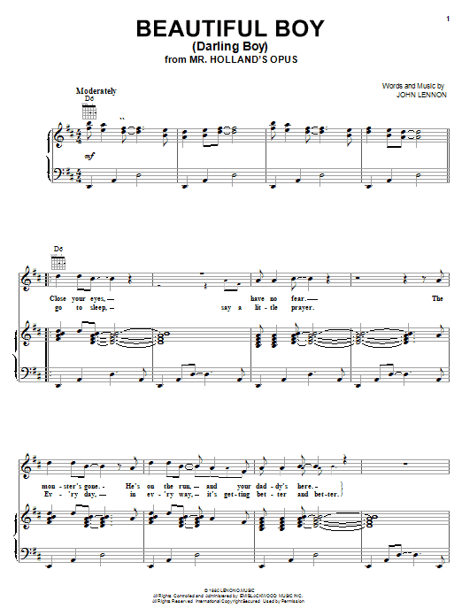 Preview John Lennon Beautiful Boy (Darling Boy) Pop sheet music, notes and chords for Piano, Vocal & Guitar (Right-Hand Melody), SKU: 19353 sheet music, piano notes, chords, guitar tabs, score, transpose, transcribe, how to play, guide, download, learn, tutorial, progression, song, artist, awards, billboard, mtv, vh1, tour, single, album, release