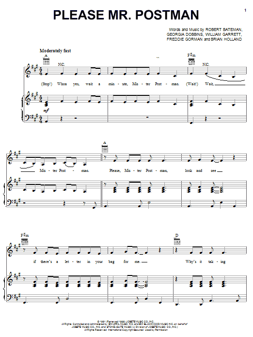Preview The Beatles Please Mr. Postman Rock sheet music, notes and chords for Piano, Vocal & Guitar (Right-Hand Melody), SKU: 19357 sheet music, piano notes, chords, guitar tabs, score, transpose, transcribe, how to play, guide, download, learn, tutorial, progression, song, artist, awards, billboard, mtv, vh1, tour, single, album, release