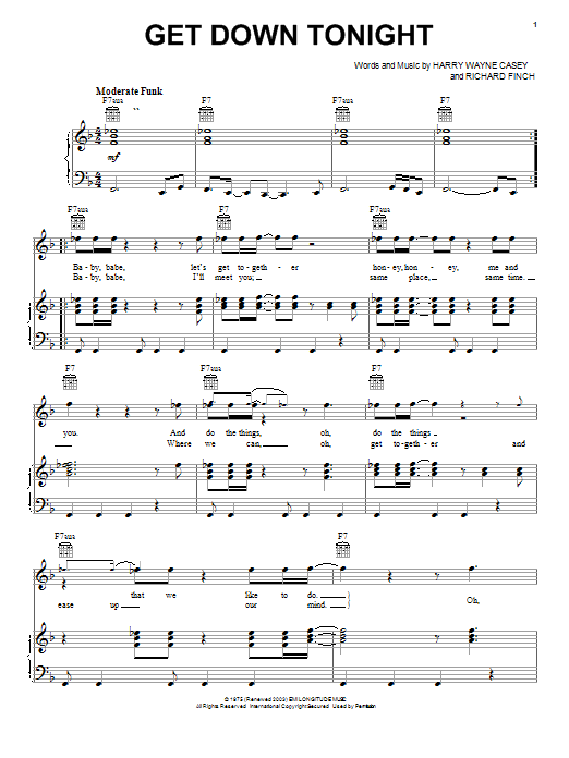 Preview KC and The Sunshine Band Get Down Tonight Rock sheet music, notes and chords for Piano, Vocal & Guitar (Right-Hand Melody), SKU: 19358 sheet music, piano notes, chords, guitar tabs, score, transpose, transcribe, how to play, guide, download, learn, tutorial, progression, song, artist, awards, billboard, mtv, vh1, tour, single, album, release